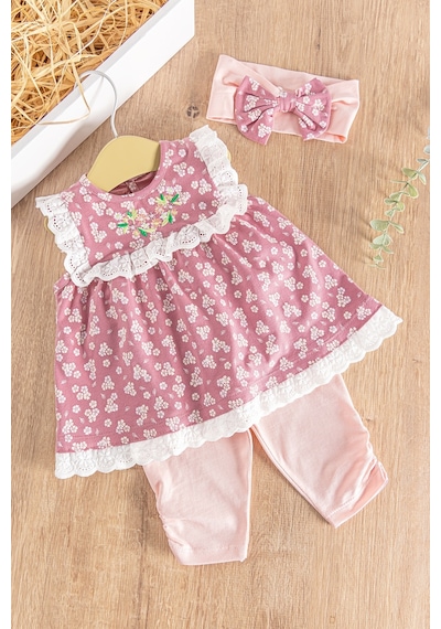 Babymod Çiçek Desenli Bandanalı 3'lü Kız Bebek Elbiseli Takım 001