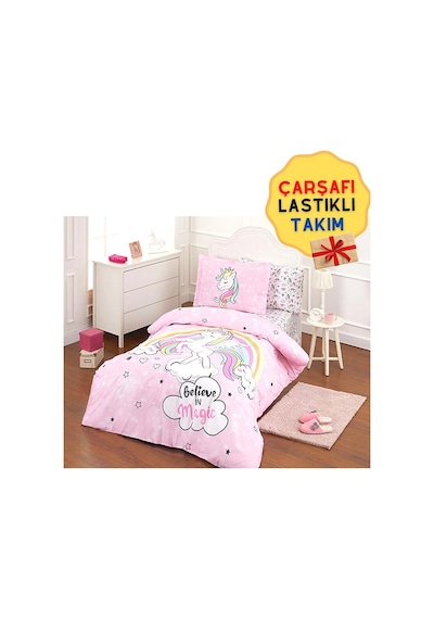 Unicorn Lastikli Çarşaflı Kız Çocuk Tek Kişilik Nevresim Takımı Pembe