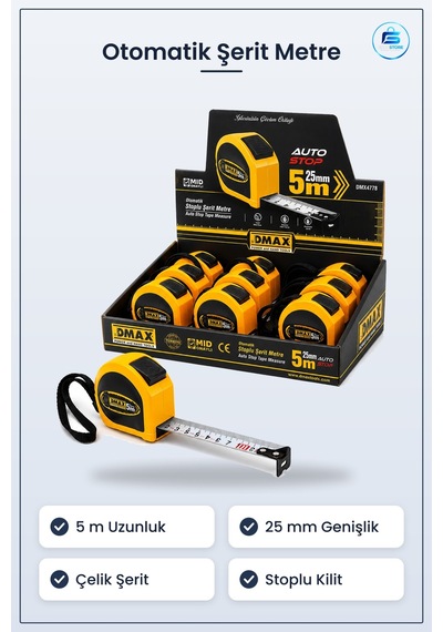 Şerit Metre 5m X 25mm Otomatik Çelik Stoplu Ölçüm Aleti Kompakt M 5 M