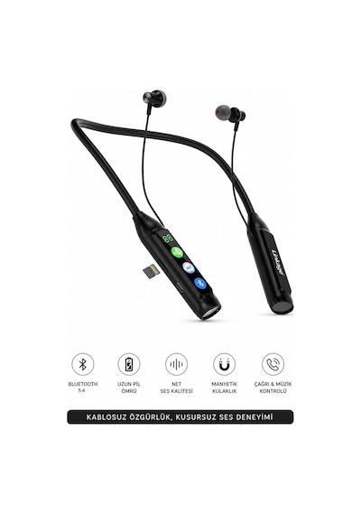 Exenar - Siyah - Boyun Bantlı Ultra Hd Bluetooth Kablosuz Kulaklık Type-c Dijital Ekran Tf Kart 2800 Mah 600 Saat