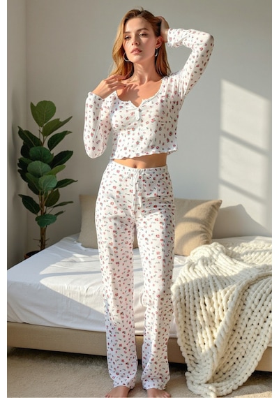 Bella Notte Çiçek Baskılı Uzun Kollu Pamuk - Viskon Pijama Takımı Beyaz