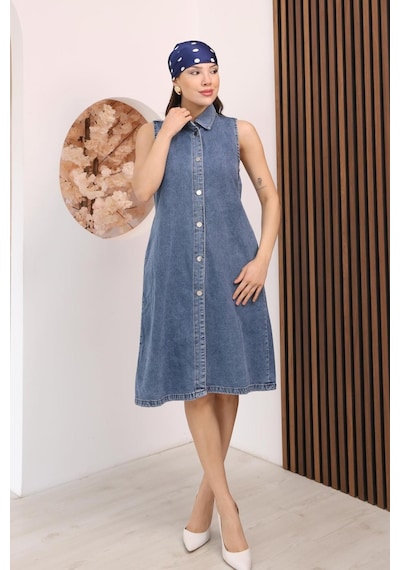 Kadın Açık Mavi Sıfır Kol Gömlek Yaka Denim Kot Elbise