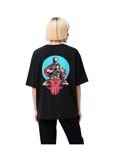 Paybuy Kadın Oversize Meditasyon Figürü Baskılı Tişört %100 Pamuk Rahat Siyah