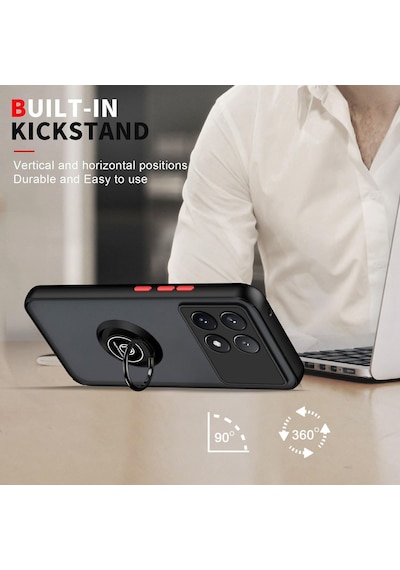 Poco X6 Pro Uyumlu Kılıf Yüzüklü Standlı Extra Darbe Koruma Sert Silikon Kapak - Siyah Siyah