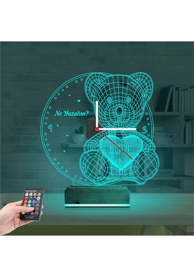 Luvivia Ayıcık Kalp Tasarım Kişiye Özel Saatli 3d Lamba - Masa Gece Lambası Şeffaf