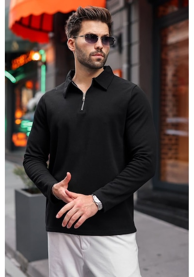Madmext Siyah Yarım Fermuarlı Polo Yaka Dokulu Erkek Sweatshırt E7197