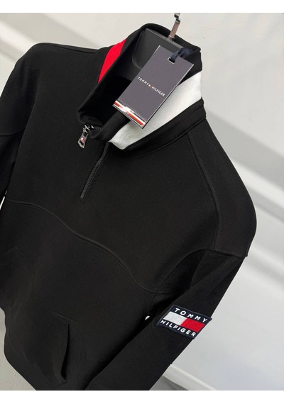 Tommy Hilfiger Yarım Fermuar Dik Yaka Sweatshirt Siyah