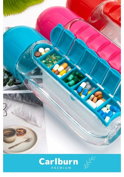 Özel Üretim Hap Bölmeli İlaç Kutusu %100 Bpa İçermez Pillbox Su Matarası 600 Ml Suluk Çok Renkli