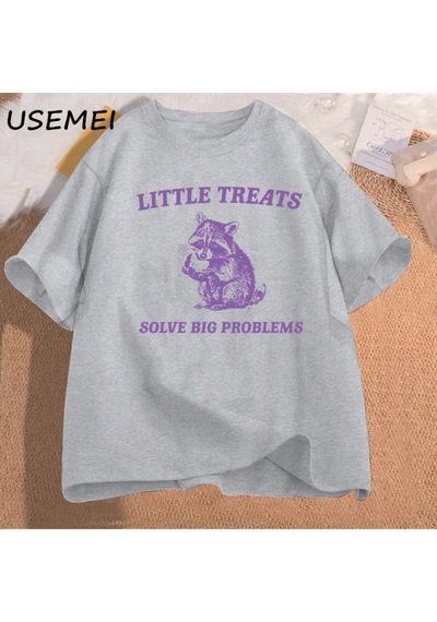 Flood Of Style Küçük Davranır Büyük Sorunları Çözmek Komik Rakun Baskı T Shirt Erkek Kadın Moda Harajuku Ret Gri