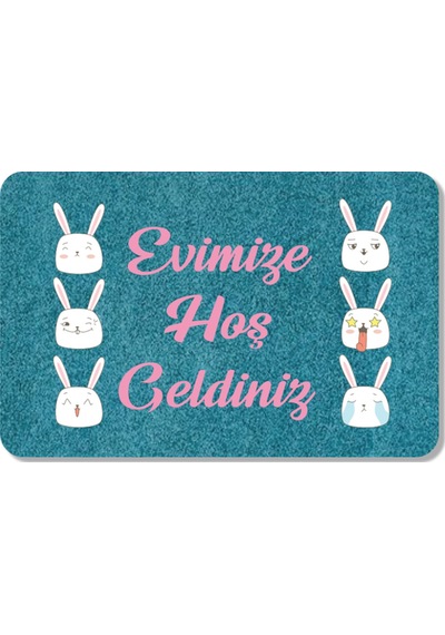Dijital Baskılı Kapı Önü Paspas Hoşgeldiniz Yazılı Çiçek Desen Ve Tavşan Iç Ve Dış Kapı Yıkanabilir Mavi