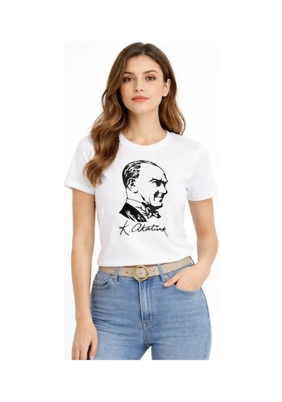Defymoda Atatürk Baskılı Tişört Kısa Kollu Bisiklet Yaka T-shirt - Beyaz
