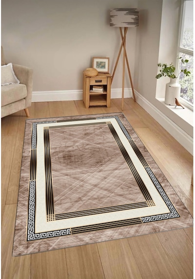 STY Home Krem Kahverengi Dijital Baskı Salon Halısı Kaymaz Tabanlı Yıkanabilir Halı Yolluk9 Kahverengi