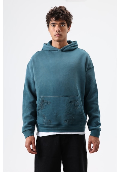 Vamos Oversize Nakış Detaylı Hoodie Nefti Yeşil