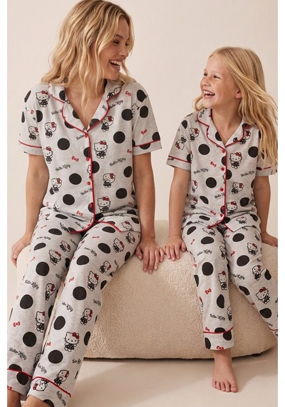 Siyah İnci Hello Kitty Lisanslı %100 Pamuk Pembe Çok Renkli Düğmeli Biyeli Pijama Takım 26120451 Gri Melanj