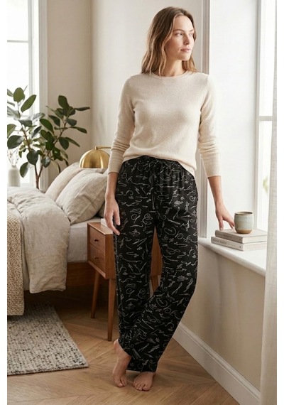 Mataş Kadın Viskon Pijama Altı Desenli Geniş Paça Bağcıklı Bel Siyah