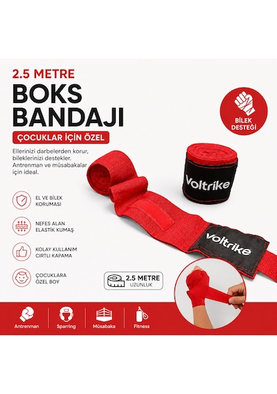 Voltrike Çocuk Boks-kickbox-muay Thai-sanda El Bandajı Kırmızı 2.5 Metre Çok renkli