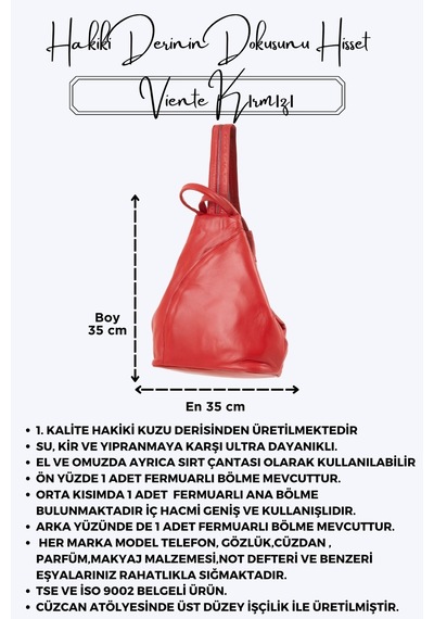 Viente Kırmızı Hakiki Deri Kadın El Omuz Ve Sırt Çantası Kırmızı