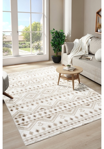 Raschel Carpet Premium Etnik Bej Yıkanabilir Leke Tutmaz Modern Kaymaz Taban Halı Çok Renkli