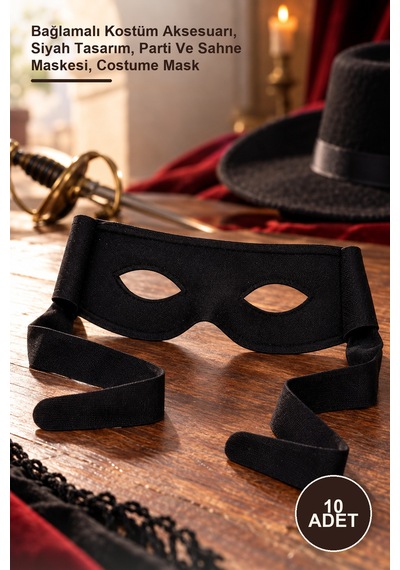 10 Adet Zorro Göz Maskesi Bağlamalı Kostüm Aksesuarı, Siyah Tasarım, Parti Ve Sahne Maskesi, Costume Mask