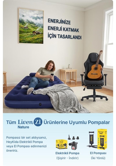 Livenzi Tek Kişilik Şişme Yatak & Yastık 191 76 22 Cm Lacivert