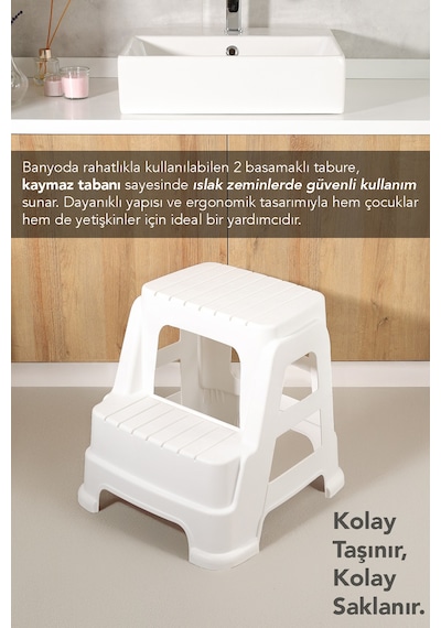 Büyük Boy 2 Basamaklı Merdiven Tabure - Kaydırmaz Tabanlı Çok Amaçlı Basamak Tabure Beyaz
