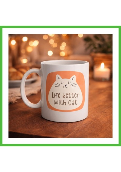 Vaveni Life Better With Cat Sevimli Kedi Tasarımlı Porselen Kupa Model 65 Kahve & Çay Kupası Hediyelik Kupa Arz Diğer