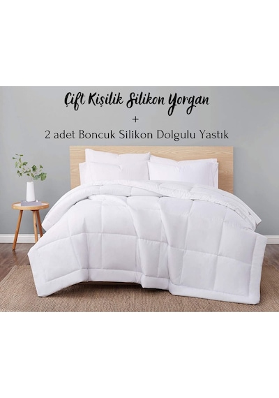 Elyaf Sepeti Çift Kişilik Kışlık Silikon Yorgan + 2 Adet Boncuk S Beyaz