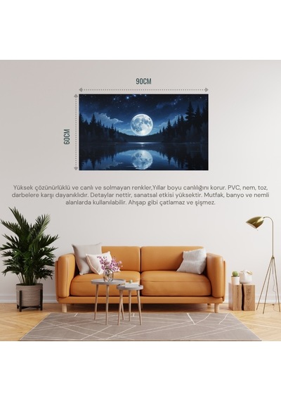 Doğa Ve Manzara Yatay Sakin Bir Gölün Üzerinde Parlayan Dolunay Suda Yansıyan Yıldızlar 03 Çerçevesiz 90x60cm Pvc Tablo