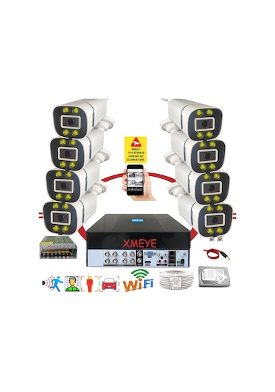 Bises 8 Li Araç Yüz Ve İnsan Tanımalı Hareket Algılayan 5 Mp Lens 4 Warm Led Gece Renkli Gösteren Güvenlik Kamera Seti Bs604w