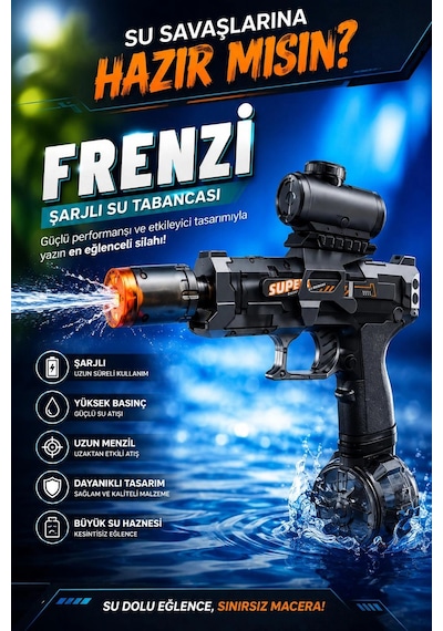 Sarjlı Otomatik Su Tabancası Led Işıklı Geniş Su Hazneli Gerçekçi Geri Tepme Efektli Uzak Menzilli Siyah