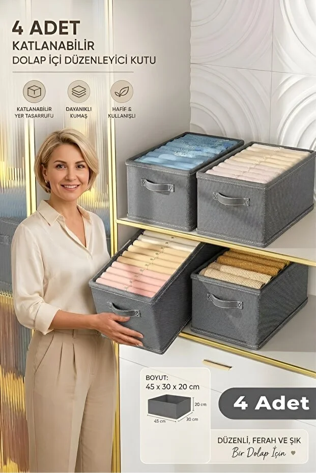 Ultra 4 Adet Katlanabilir Dolap İçi Düzenleyici Kutu 45x30x20 Cm Kıyafet Ve Giysi Organizer Saklama Kutusu Açık gri