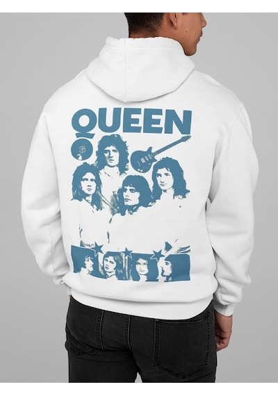 Sevbano Queen Baskılı Unisex Oversize Müzik Grubu Rock Metal Hoodie Beyaz
