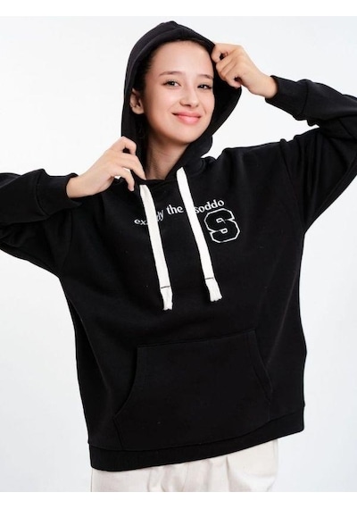 Çocuk Kapüşonlu Sırtı Kot Detaylı Sweatshirt-13454-siyah Siyah