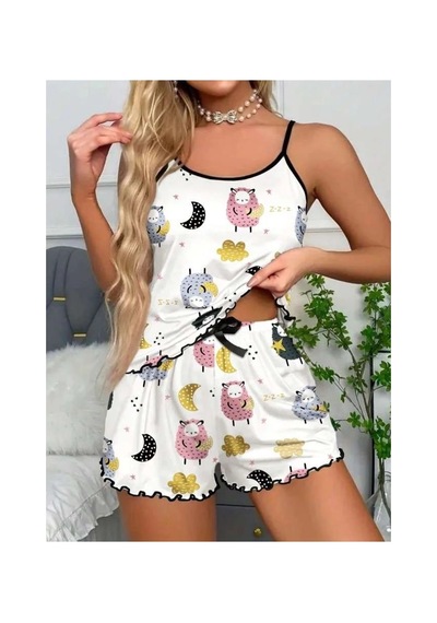L'ombre Beyaz Üstüne Desenli İnce Askılı Şortlu Pijama Takımı