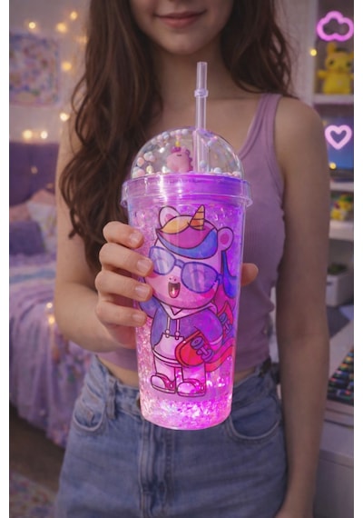 Renkli Boncuklu Sevimli Unicorn Tasarımlı 450 Ml Led Işıklı Pipetli İçecek Bardağı Suluk Mor 2646
