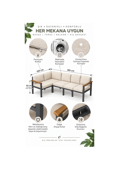 Neokas Balkon L Koltuk 5 Kişilik Köşe Takımı, Metal Bahçe Mobilyası, Balkon Oturma Grubu