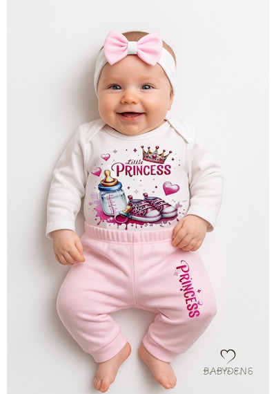 Babyden's Little Princess 3 Lü Kız Bebek Takımı Uzun Kollu Pamuklu Body,pembe Pantolon Ve Fiyonk Bandana Seti Pembe