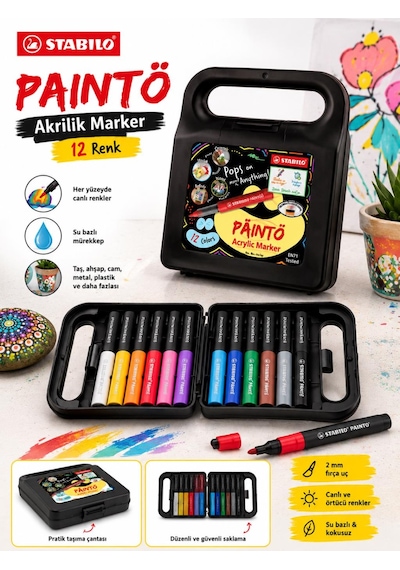 Stabilo 791/12 Paınto 12 Renk Akrilik Marker Seti Su Bazlı Çok Yüzeyli Boya Kalemi Çantalı Çok Renkli