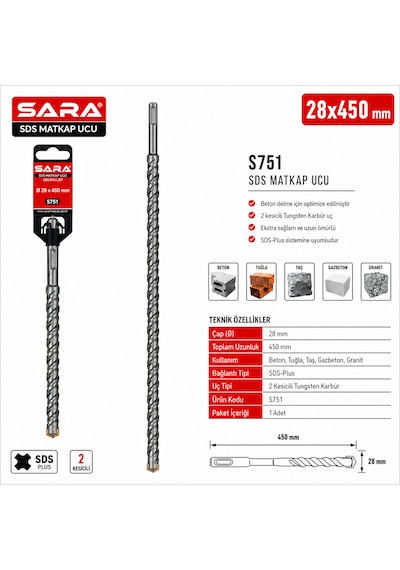 Sara S751 Sds Plus Matkap Ucu 28 X 450 Mm, 2 Kesicili Tungsten Karbür Uçlu