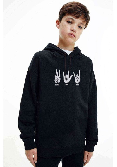 Tshirthane Peace Love Rock Baskılı Unisex Çocuk Kapüşonlu Siyah Sweatshirt Siyah