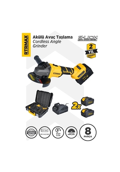Rtrmax Şarjlı Avuç Taşlama Makinası Kömürsüz 125mm 8.500 Rpm 2x4 Ah 20v Çift Akü S-lion - Akü Dahil