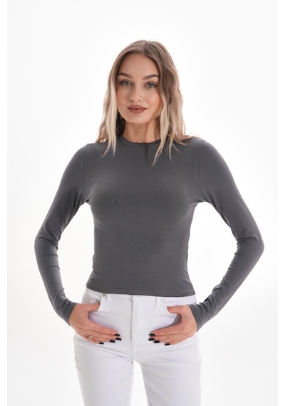 Likralı Pamuk Tişört-slim Fit -füme Füme