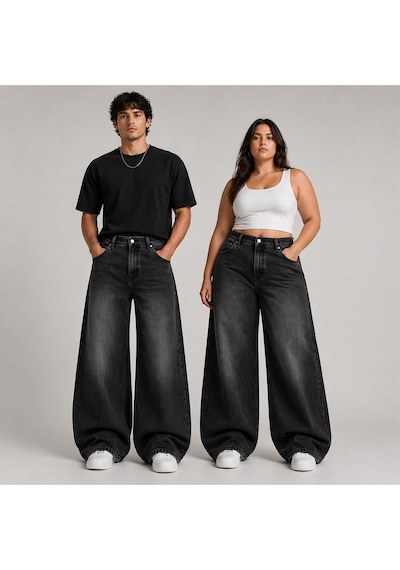 St.poll Eskitme Yıkamalı Unisex Büyük Beden Baggy Jean Pantolon Siyah