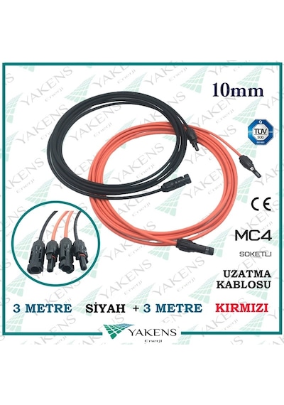 Güneş Paneli Uzatma Kablosu 3m+3m 10mm Çift Taraflı Mc4 Soketli Solar Ara Kablo Siyah Kırmızı