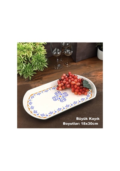 Ottoman 4 Parça Seramik Oval Kayık Kahvaltı Sunum Tabağı Seti Mavi