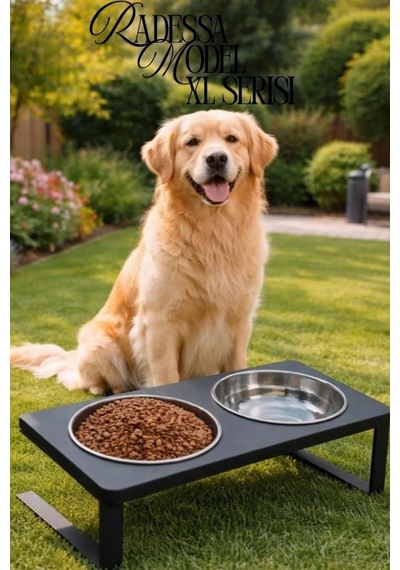 Ok-ay Store Radessa Xl Yüksek Standlı Çift Hazneli Mama Ve Su Kabı, Büyük Ve Orta Boy Köpek Ve Kedi Su Kabı Paslanmaz Çelik Siyah
