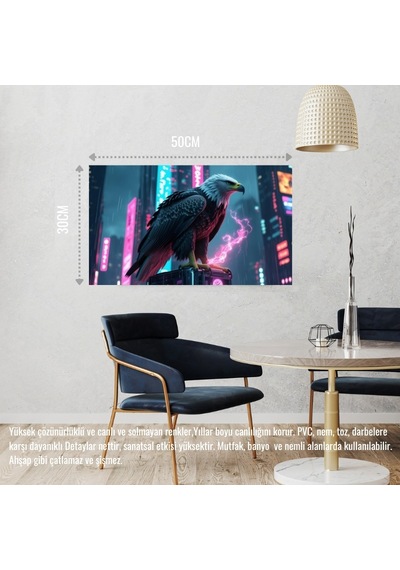 Kartal Siberpunk Dünyasında Görkemli Bir Şekilde 04 Çerçevesiz 50x30 Cm Pvc Tablo