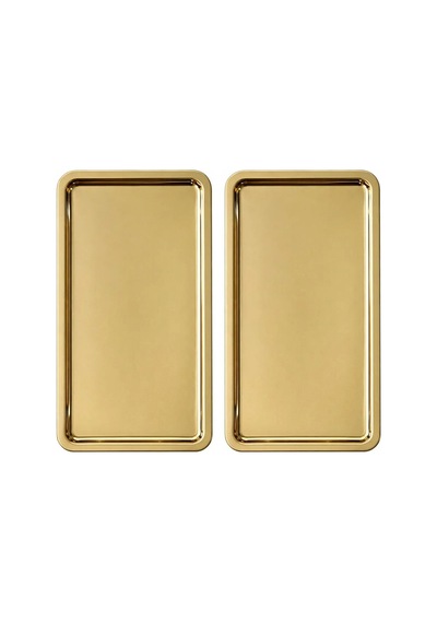 2 Adet Gold Geniş Dikdörtgen Metal Sunum Tepsisi 33x18 Cm Düz Çay Kahve Tatlı Servis Tepsisi Seti Altın