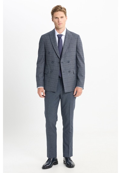 AC&Co / Altınyıldız Classics  Erkek Koyu Grı Slim Fit Dar Kesim Kırlangıç Yaka Kareli Kapak Cepli Esnek Takım Elbise Koyu Grı