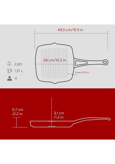 Döküm Kare Izgara Tava Döküm Demir Yekpare Saplı 26x26 Bordo Diğer